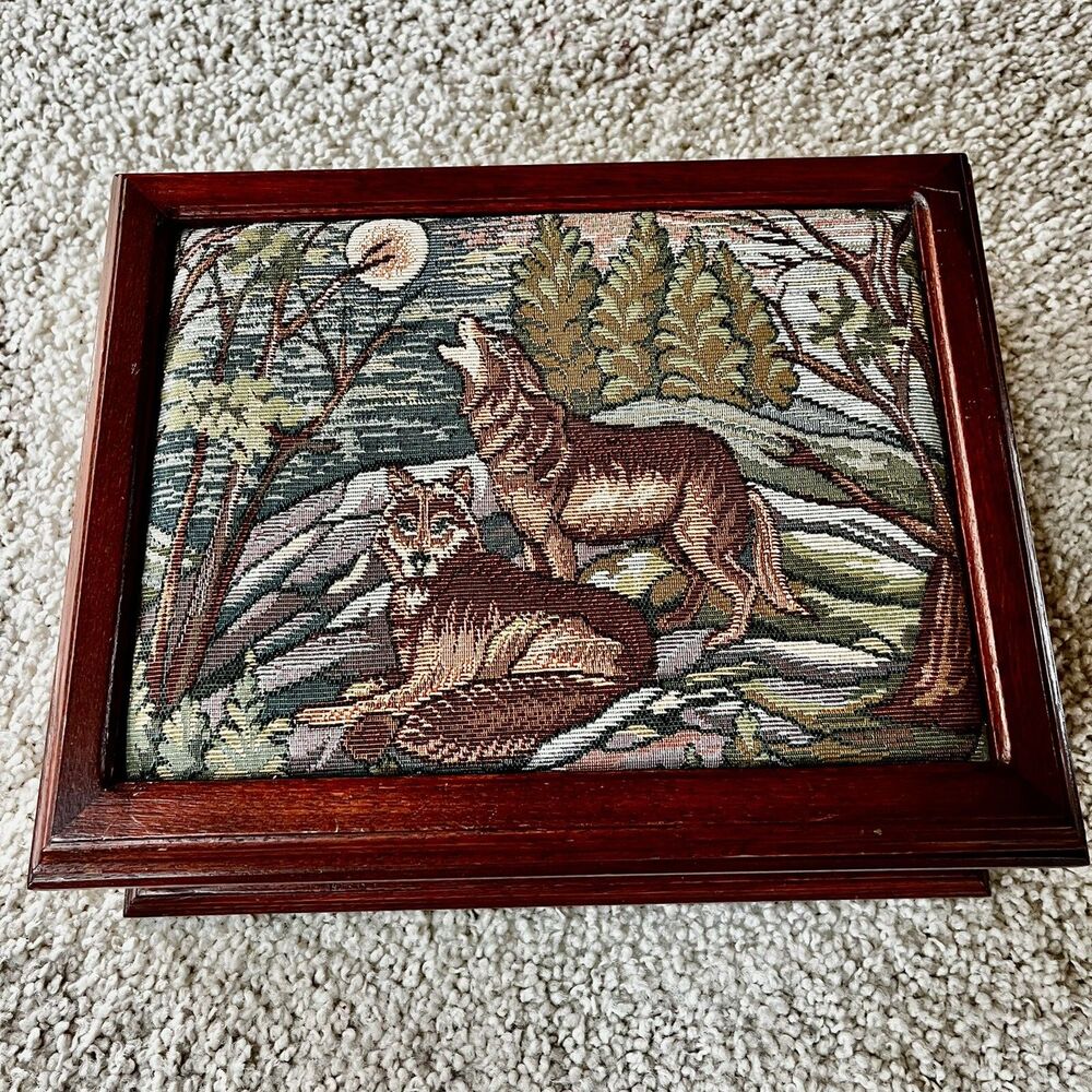 Lemcke Woods Crafted In Clarksville TN Wood & Tapestry Box Howling Wolf Wolves
